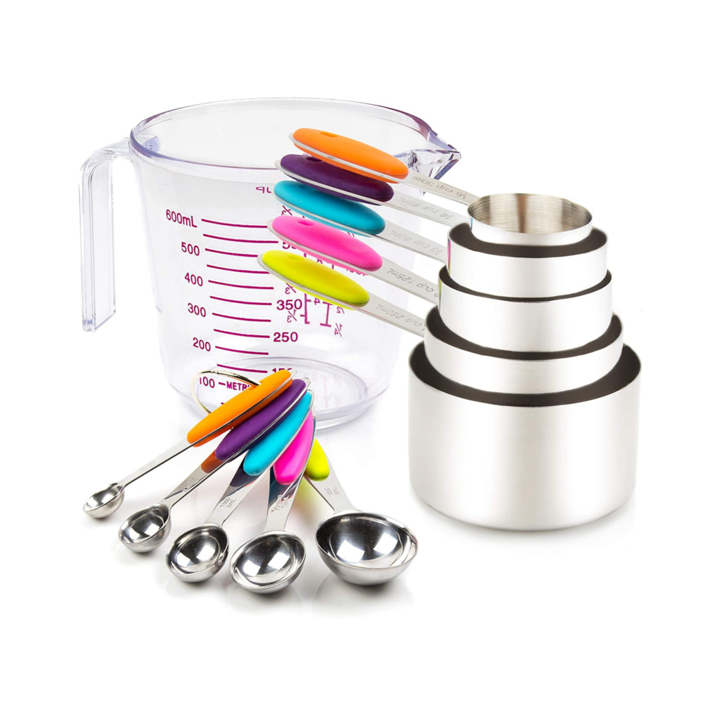 Measuring Cups and Spoons Set 13 Piece. Includes 10 Stainless Steel Measuring Spoons and Cups Set and 1 Plastic Measuring Cup and 2 Rings Liquid and Dry Metal Measuring Cup Set